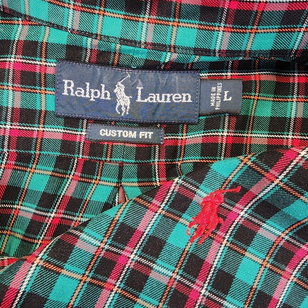 Ralph Lauren Men's L Custom Fit Green Pink Black Plaid Long Sleeve Button Shirt